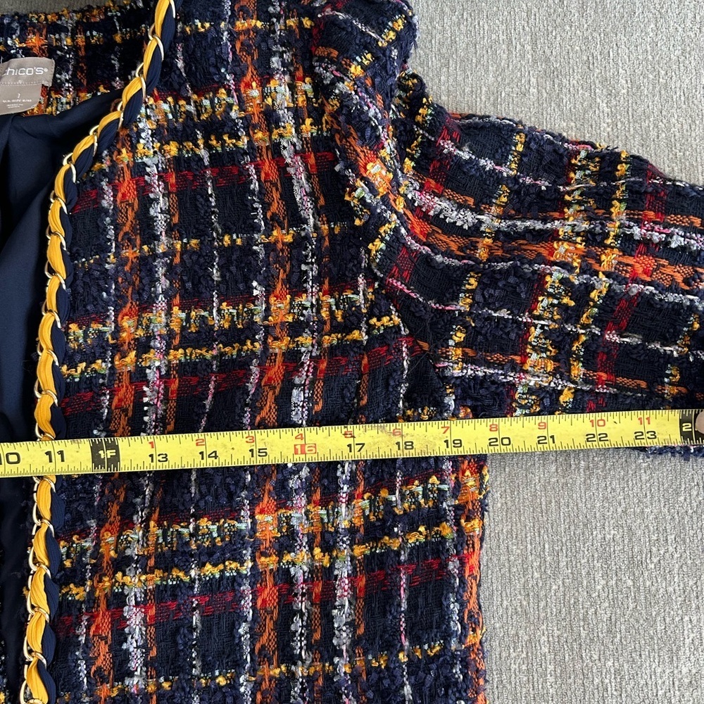 Vintage Chicos Tweed Multicolor Preppy Holidays Chain Open Coat Size 1 - Picture 9 of 12